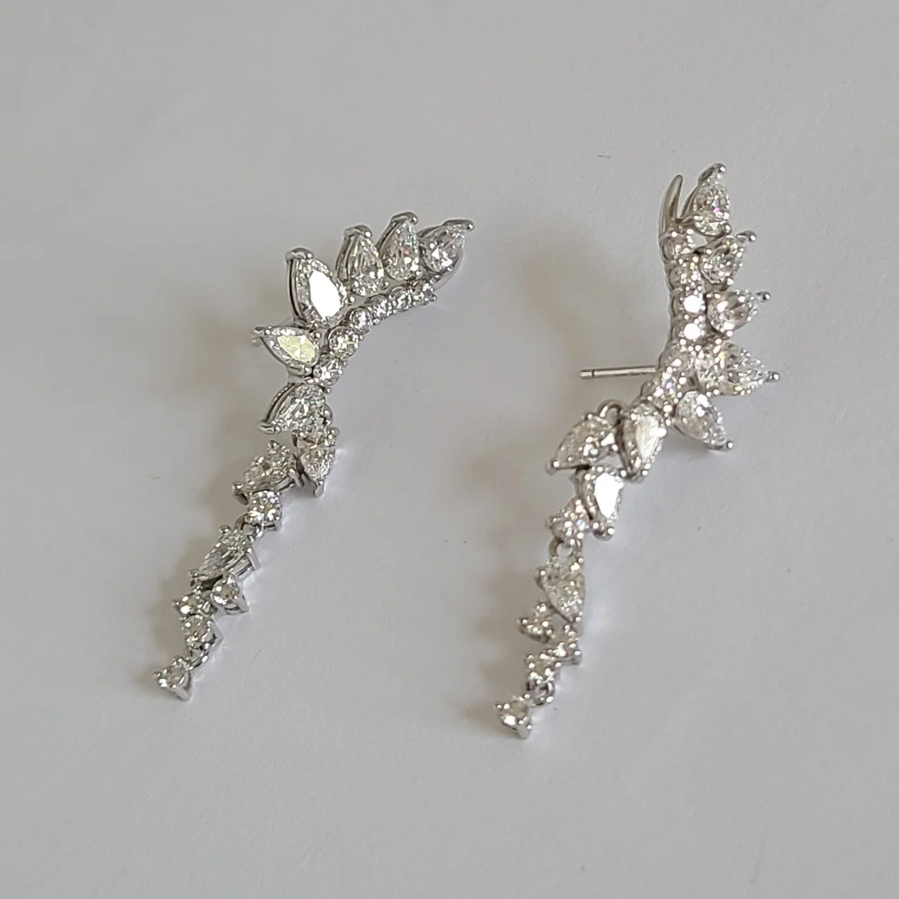 Sterling Silver Crystal Leaf Half Ear Drop Dangle Evening Cocktail Earrings - Picture 10 of 11